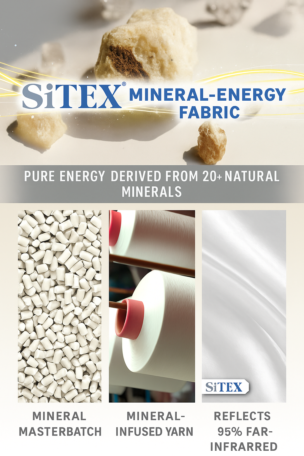 SiTEX&reg; silica energy yarn represents a breakthrough in textile innovation, combining over 20 types of natural minerals embedded directly into the yarn structure.